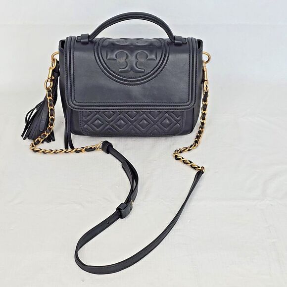 Tory Burch Fleming Satchel Black Leather Quilted Convertible Chain Crossbody Bag - Picture 1 of 16